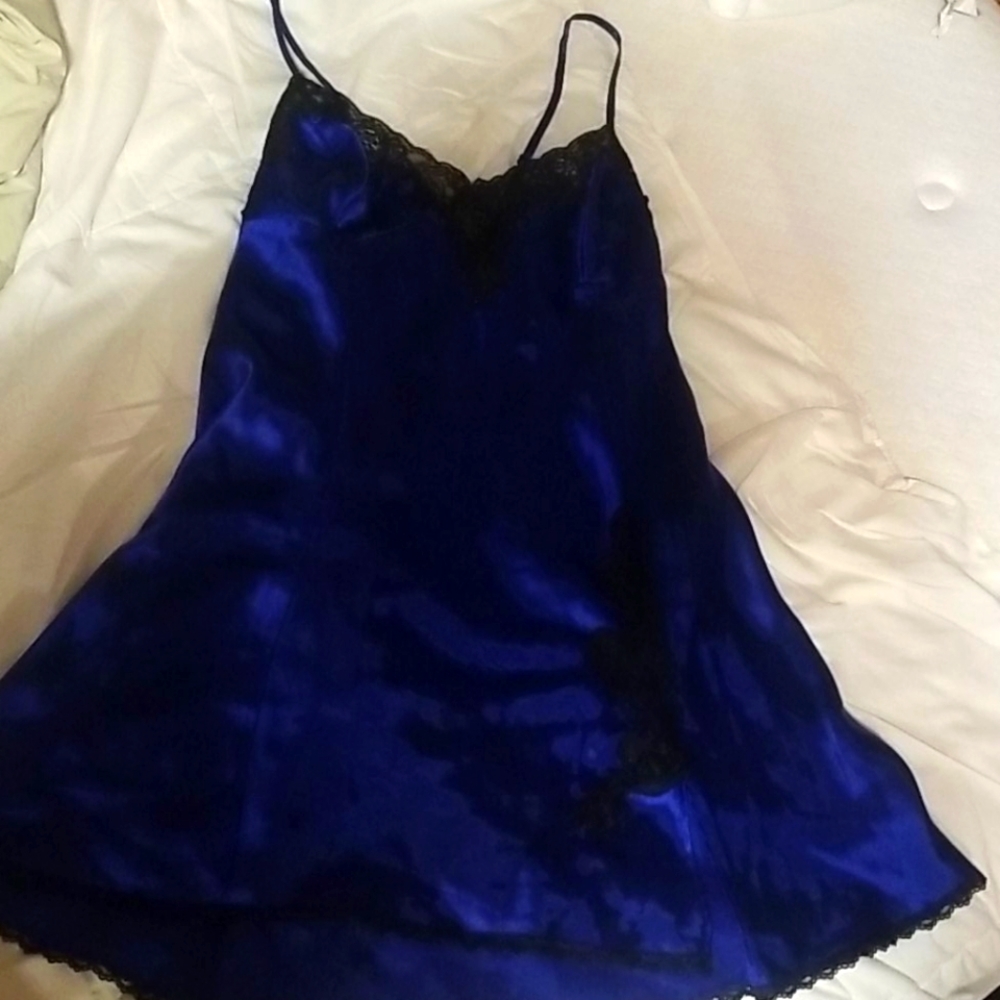 Frederick's of Hollywood Royal Blue Satin Chemise with Black Lace Trim